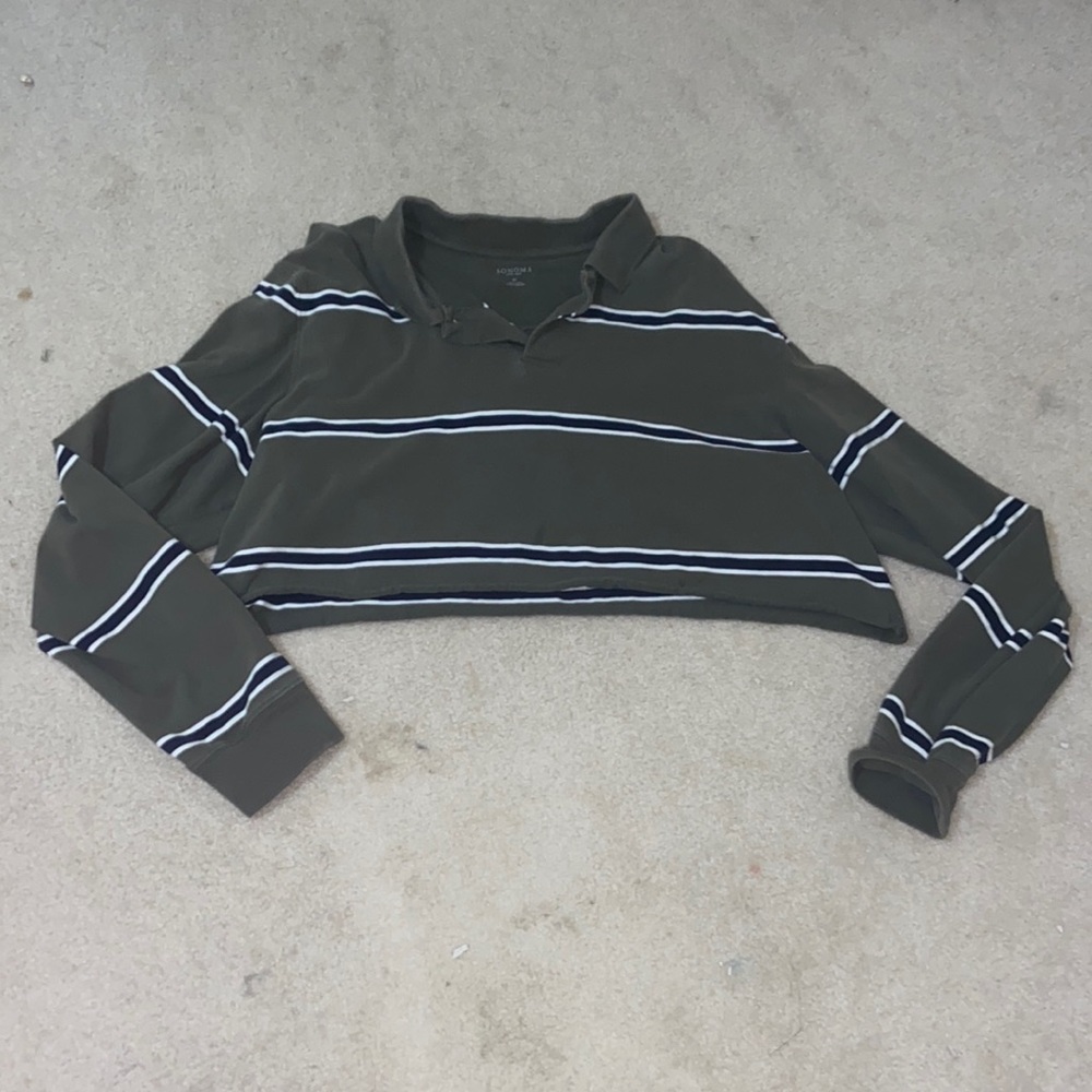 Vintage, Green, striped, collared, cropped, long sleeve shirt